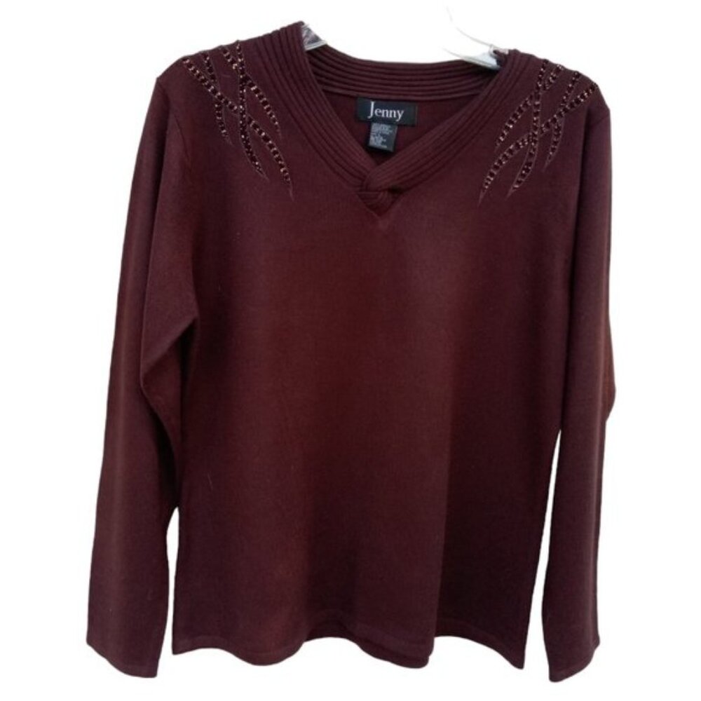 Jenny adorned brown pullover V-neck sweater size L